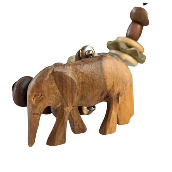 Vintage Safari Animal Charm Necklace Carved Wood Beads & Shell Inlay - Picture 6 of 9